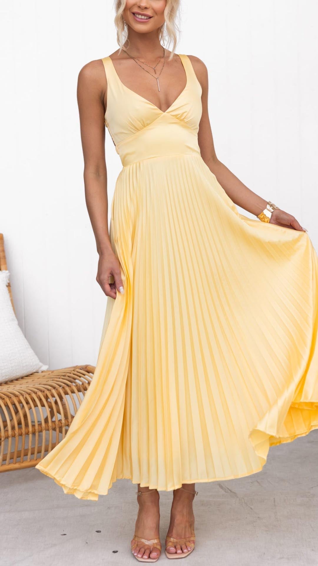 Ivyshape | Yellow Pleated V Neck Maxi Dress