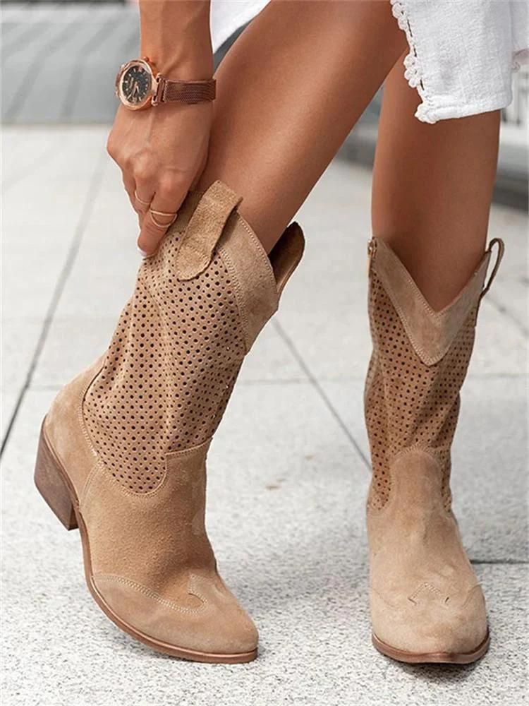 Ivyshape | Cowboy Boots Stylish Women's Boots with Perforations and Block Heel