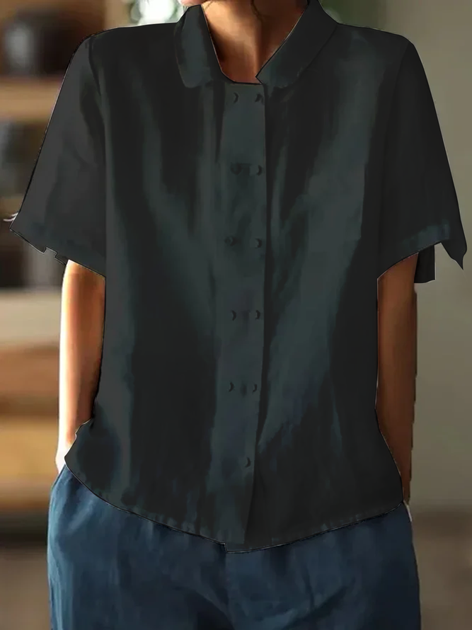 Ivyshape | White Loose Fit Cotton-Linen Blouse with Short Sleeves