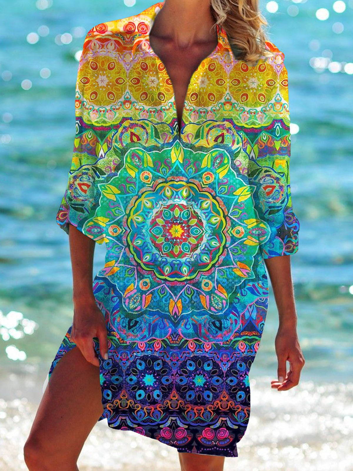 Gradient Vintage Flower Long Sleeve Beach Shirt Dress