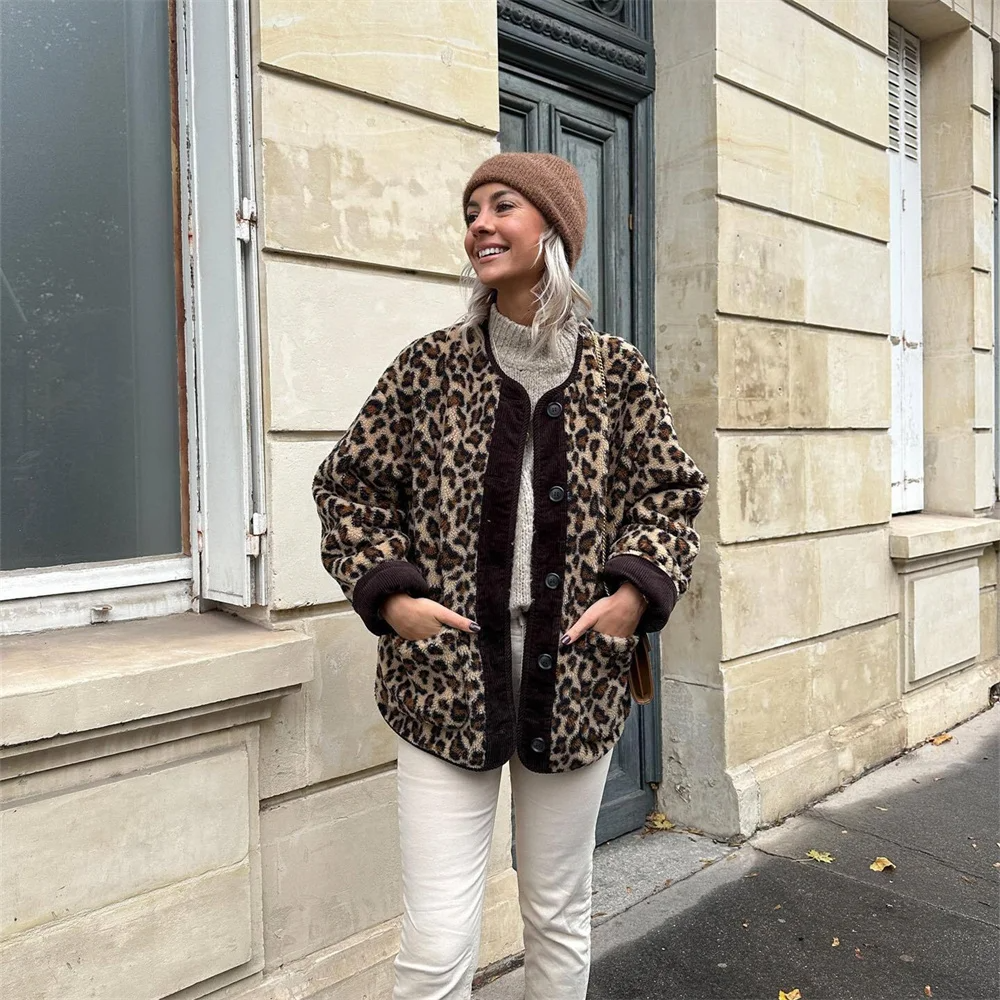 Ivyshape | Stylish Leopard Print Fall O-Neck Coat for Women