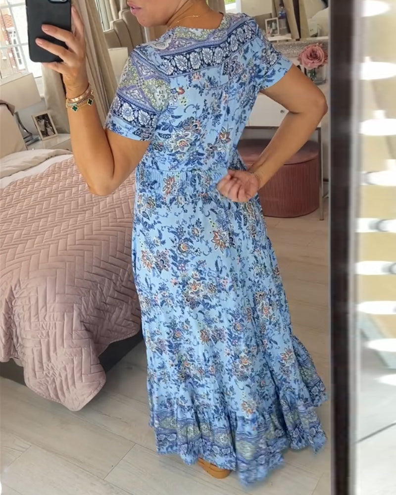 Summer Floral Long Dress with V-Neckline | Ideal for Summer