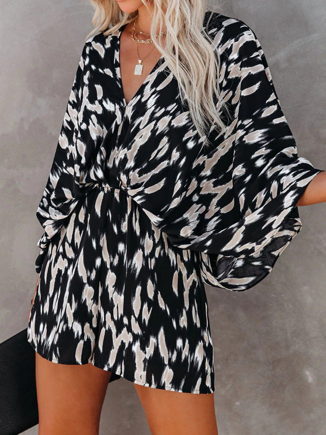 Ivyshape | Tied Printed Kimono Sleeve Romper