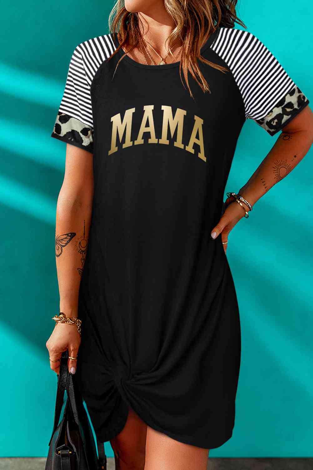 MAMA Graphic Striped Raglan Sleeve Twisted Dress