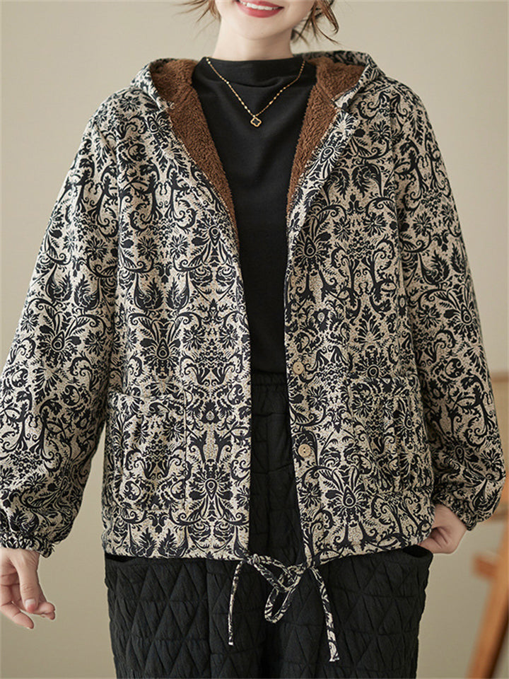 Bohemian Print Button Up Hooded Plush Liner Coat