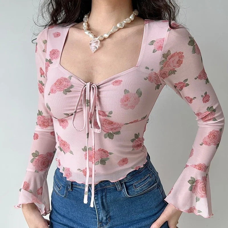 Sweet Floral Print Flare Sleeve Top for Women