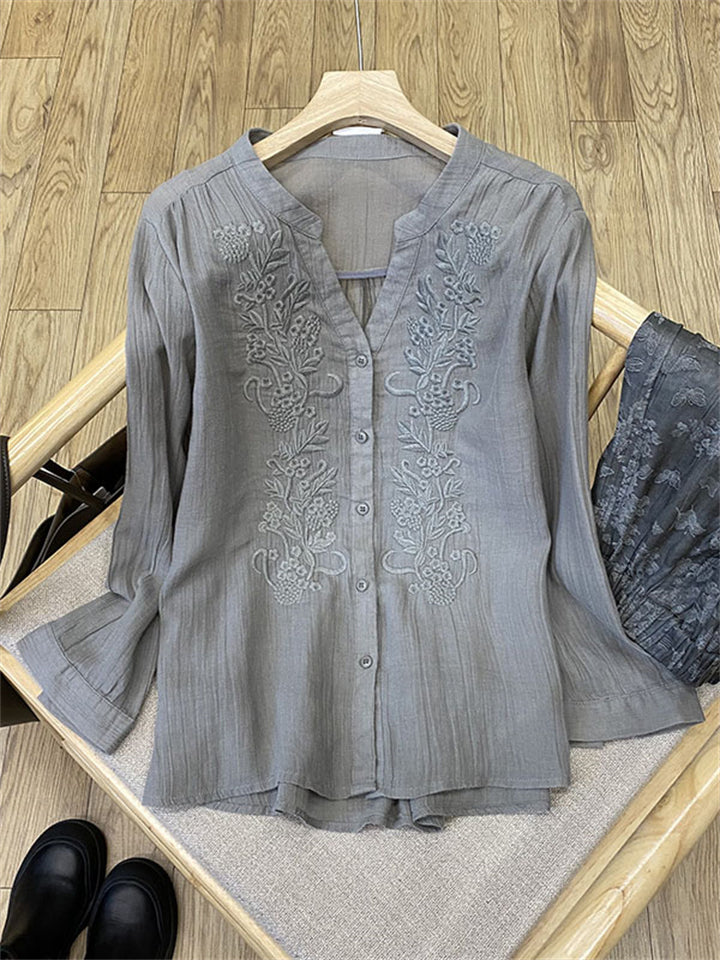 V-Neck Button Up Long Sleeve Embroidery Linen Shirt for Women