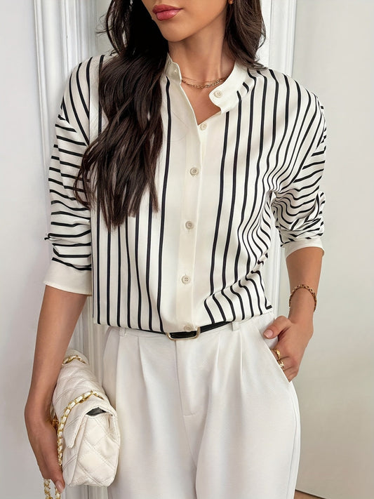 Ivyshape | Long Sleeve Striped Shirt with Stand-Up Collar