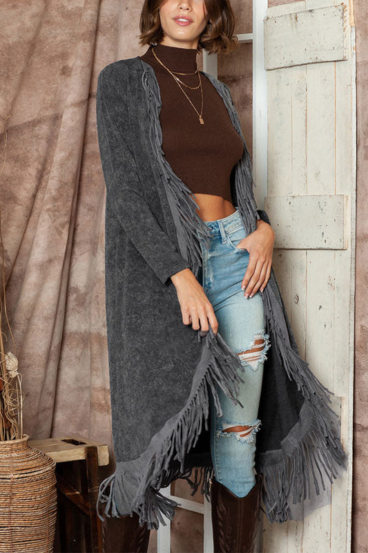 Ivyshape | Washed Tassel Open Front Long Cardigan