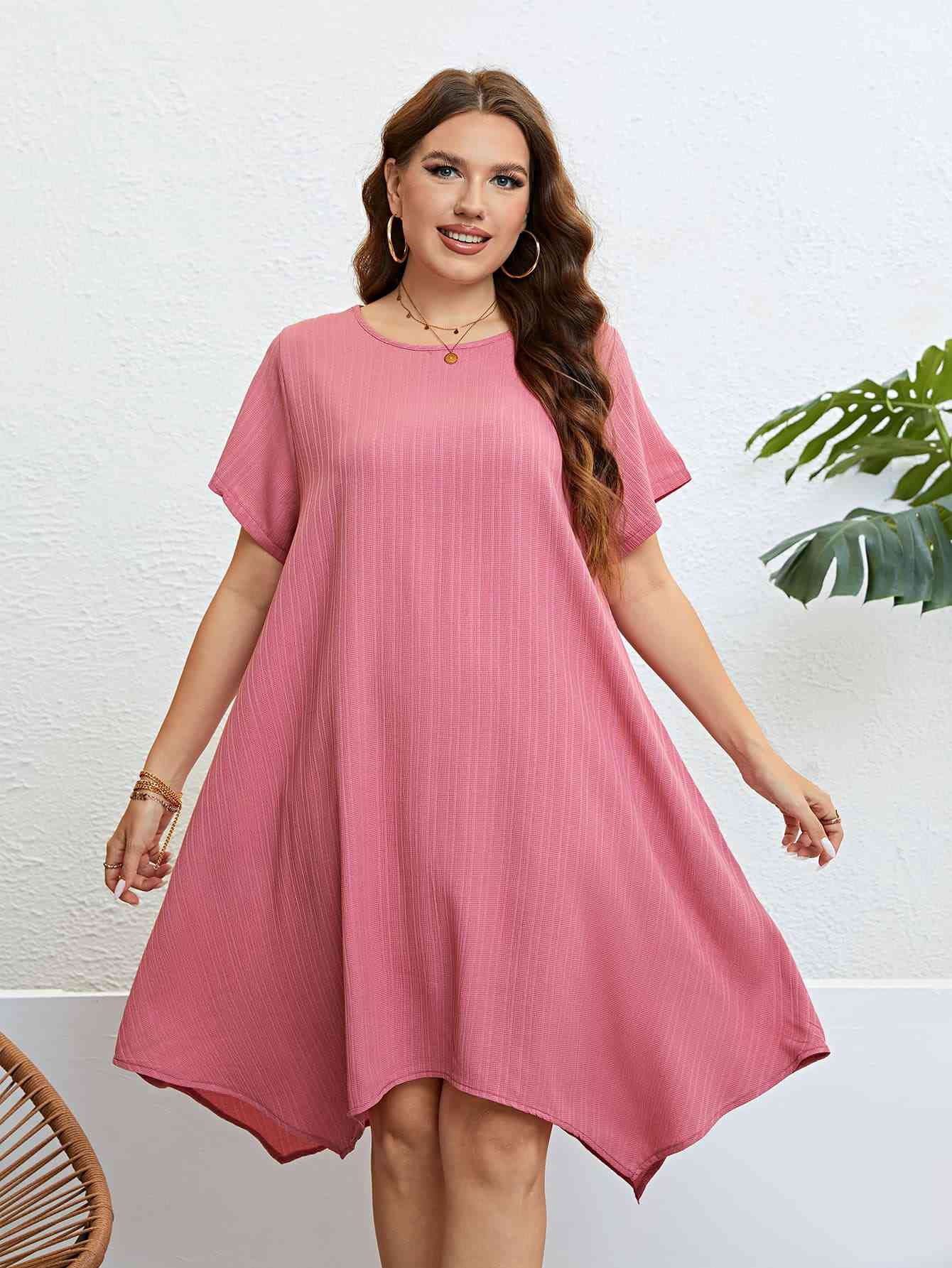 Plus Size Round Neck Handkerchief Hem Dress