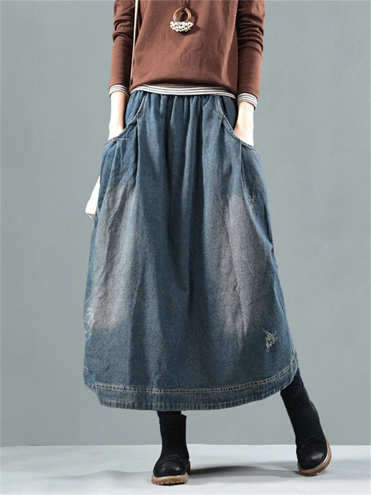 Retro Pocket Elastic Waist Blue Denim Skirt for Women