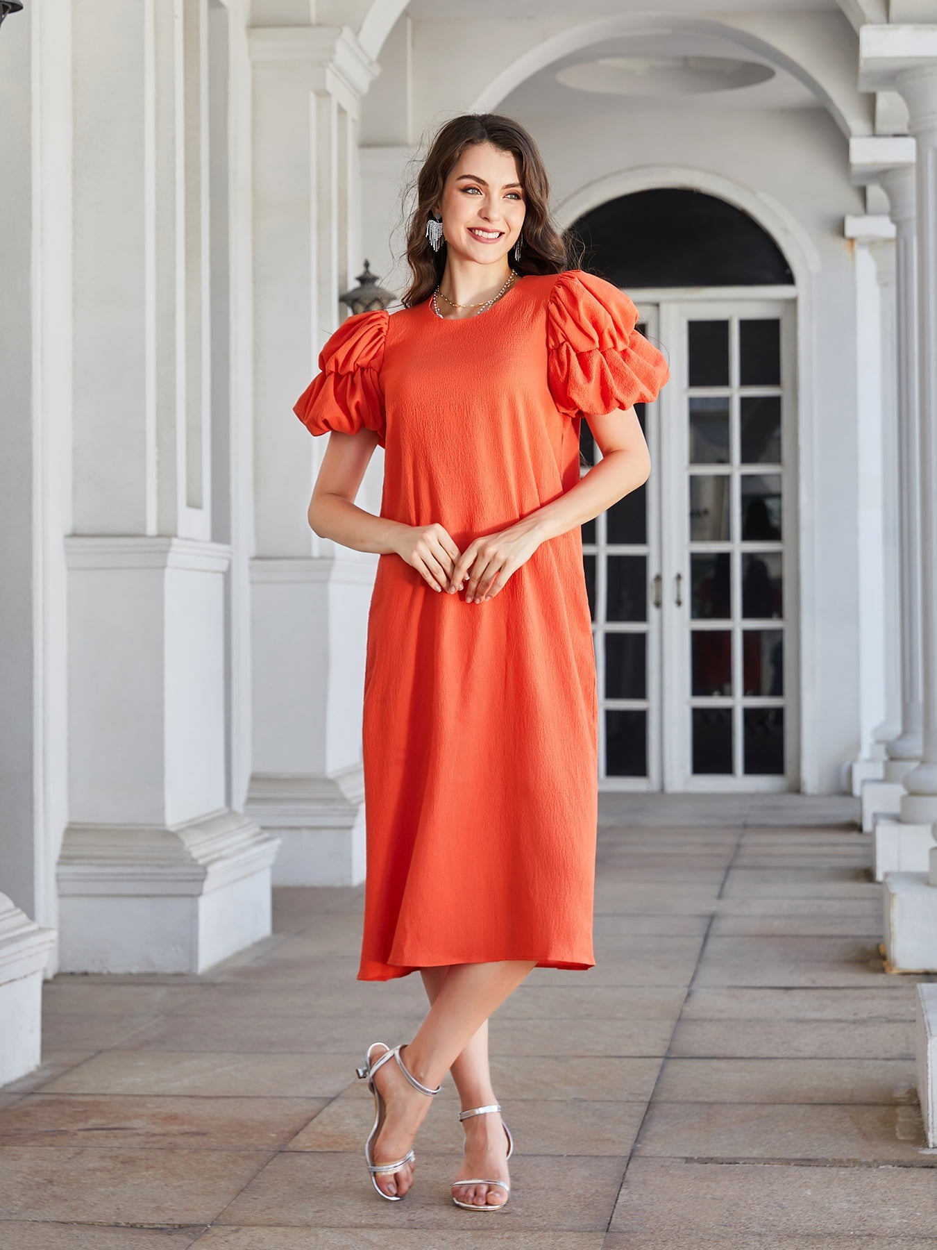 Ivyshape | Round Neck Bubble Sleeve Straight Hem Midi Dress