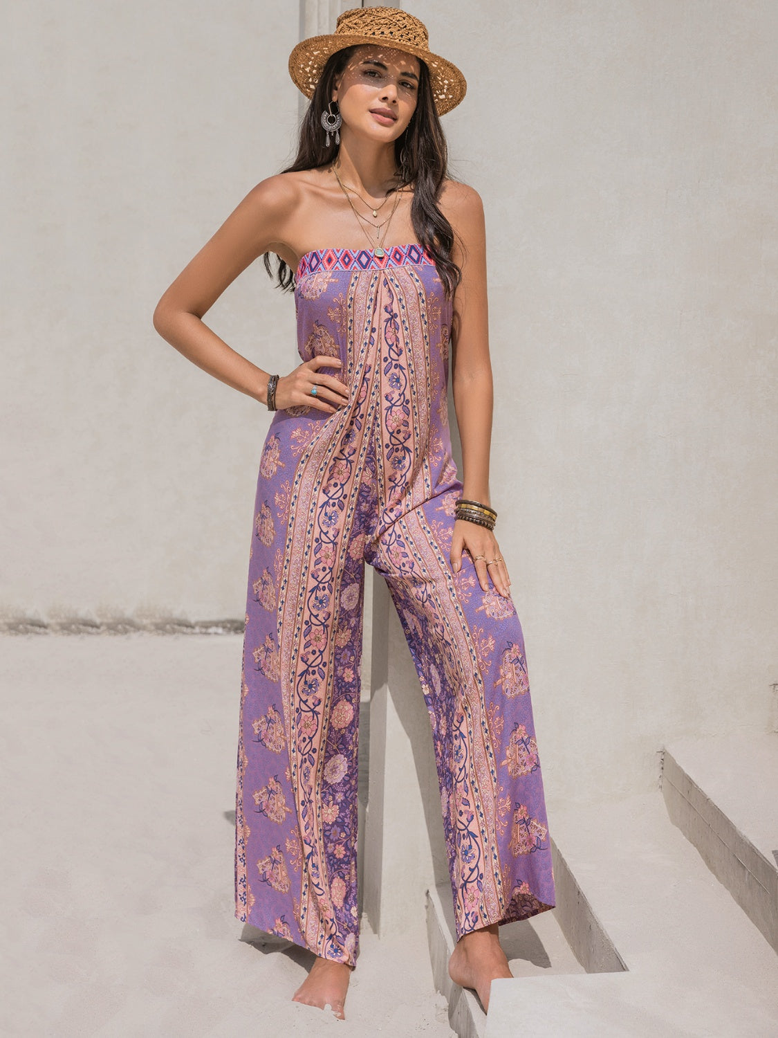 Ivyshape | Tied Printed Tube Wide Leg Jumpsuit