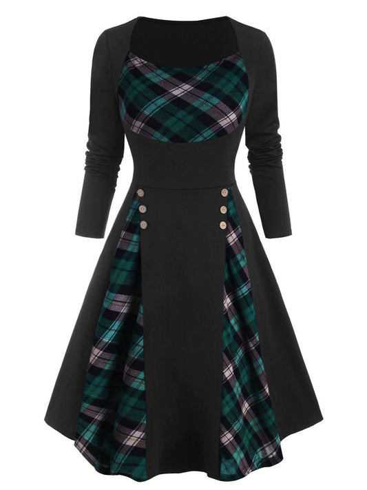 Black Plaid Patchwork Swing Dress