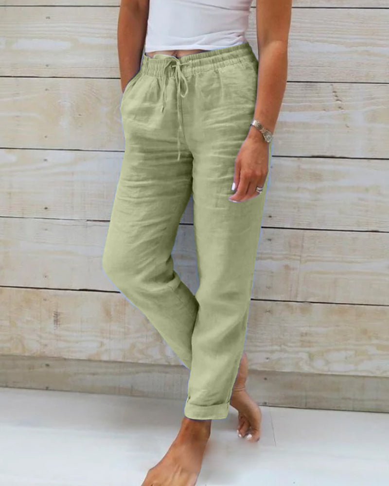 Ivyshape | Pants with elastic waistband made of cotton and linen