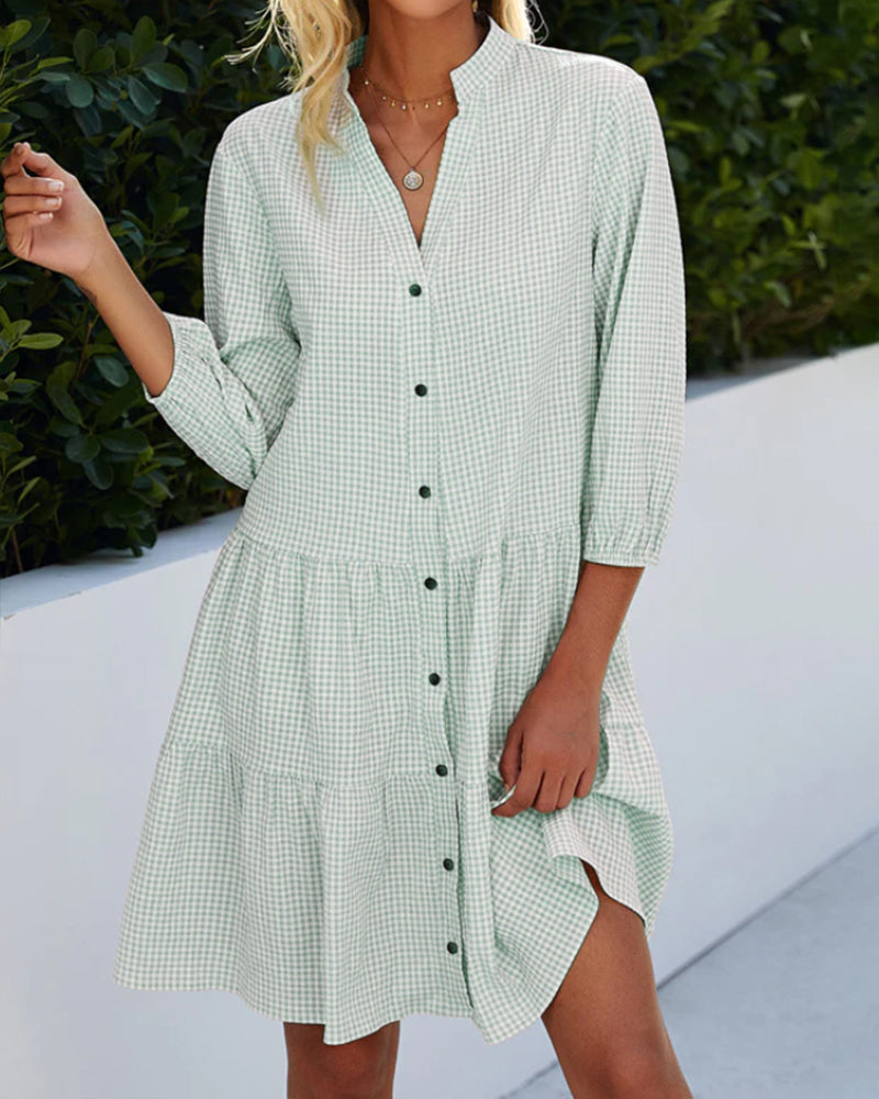 Ivyshape | Checked A-Line Dress with Button Placket for Women Resembles A Shirt Dress