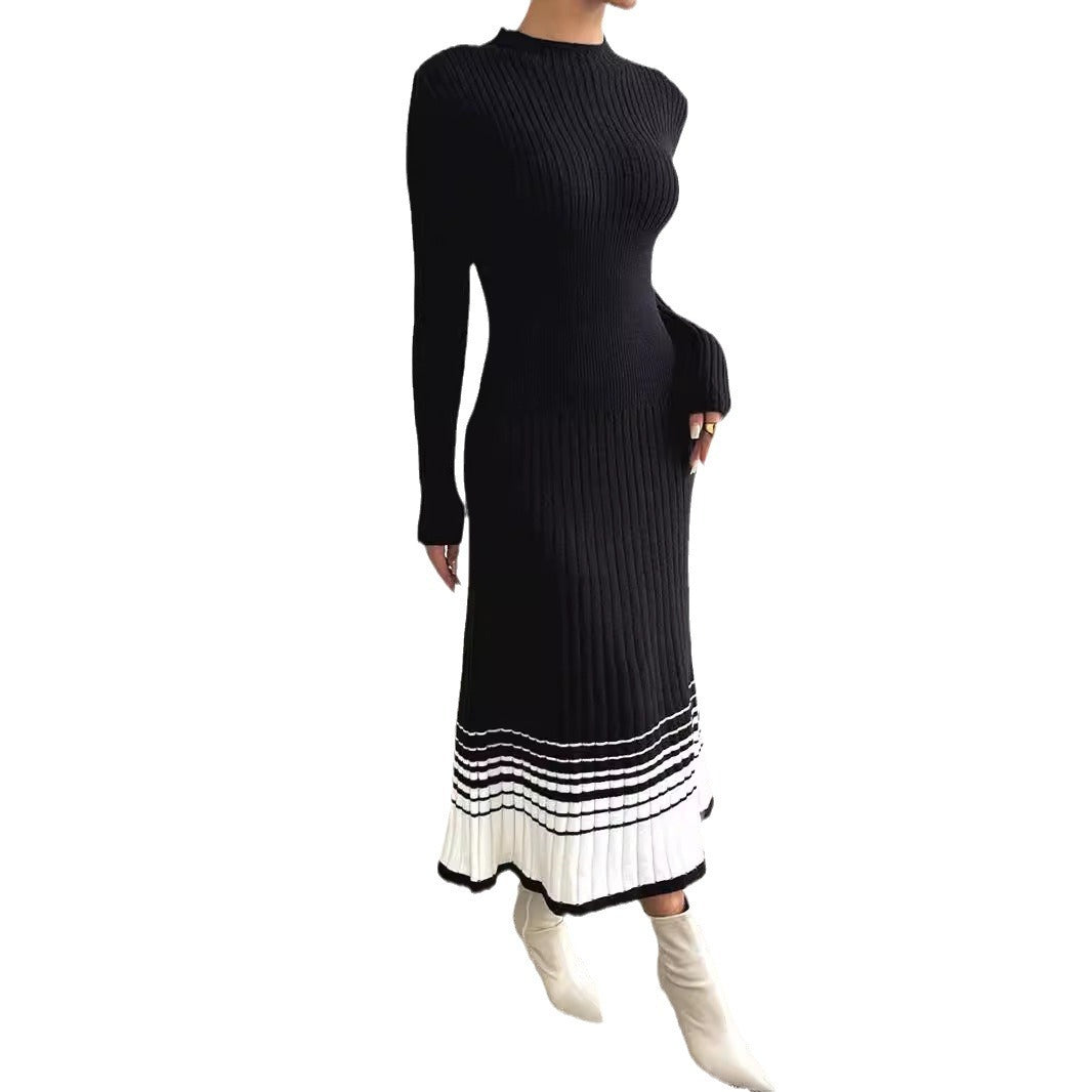 Ivyshape | Woolen Skirt Dress with Black and White Stripes