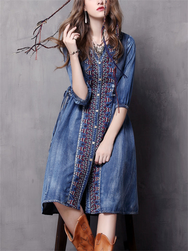 Ethnic Style Embroidery Half Sleeve Adjustable Waist Denim Dress