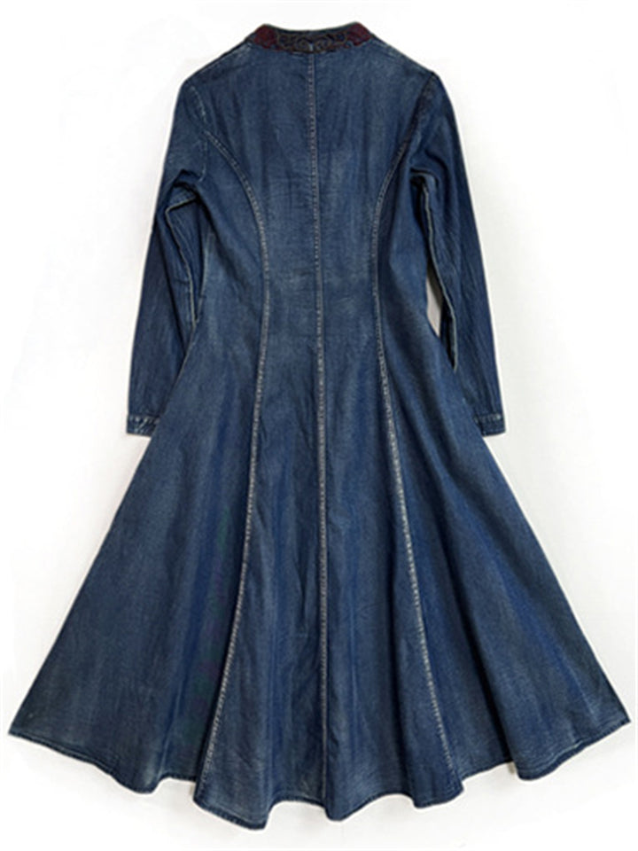 Chic Embroidery Single Breasted Mid-Length Denim Dress