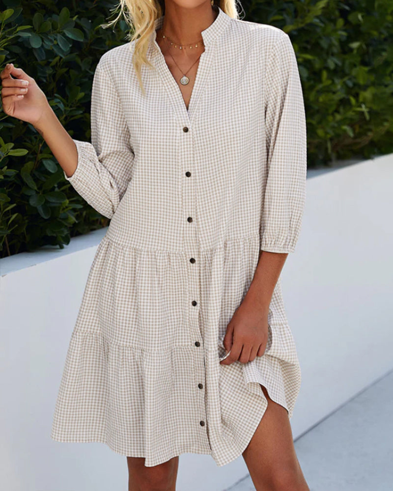Ivyshape | Checked A-Line Dress with Button Placket for Women Resembles A Shirt Dress
