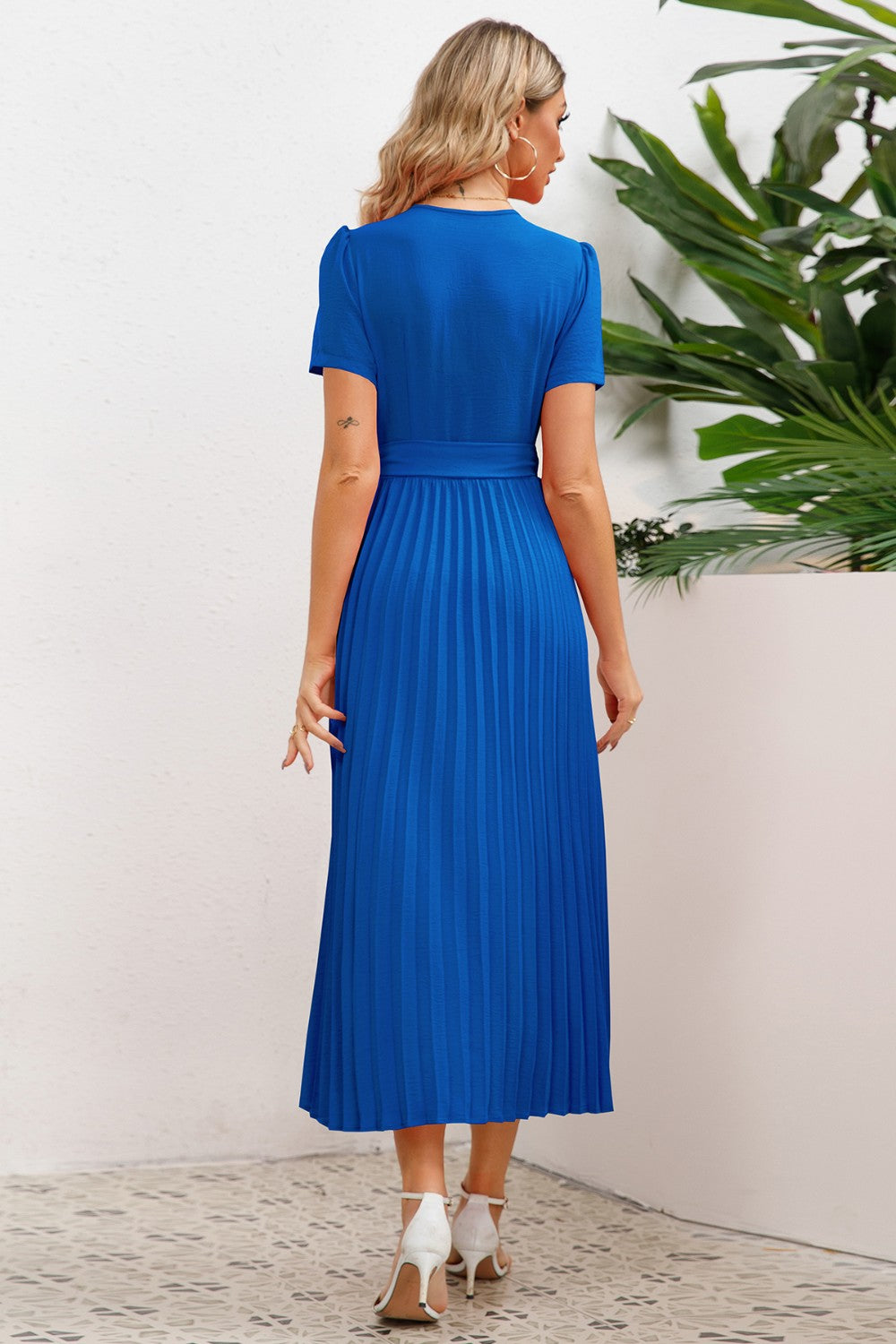 Ivyshape | Pleated Surplice Short Sleeve Midi Dress