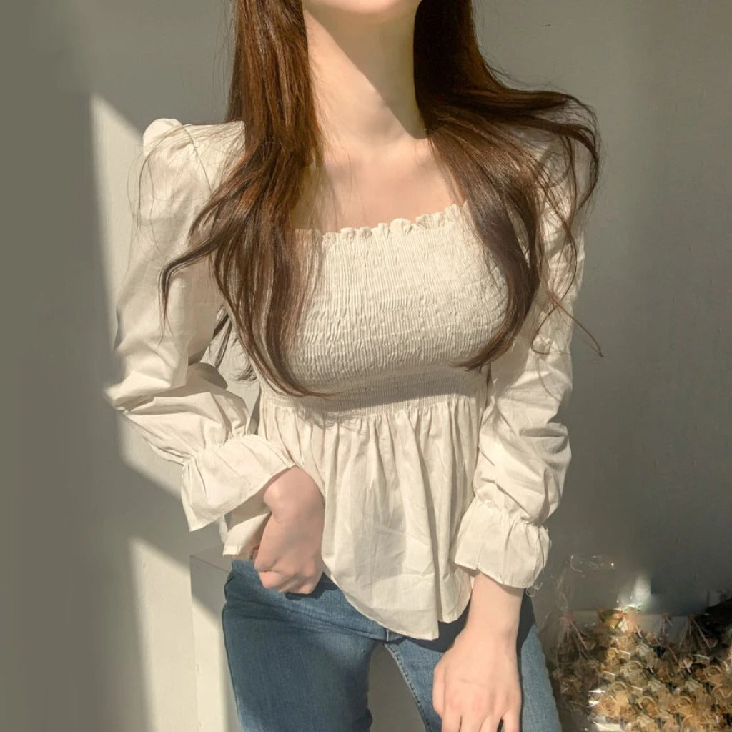 Sweet Square Neck Long-Sleeve Blouse for Women