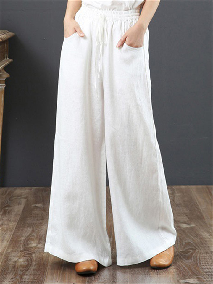 Women's Simple Linen High Waist Drawstring Wide Leg Pants