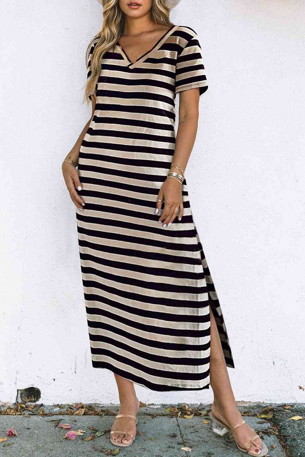 Striped V-Neck Short Sleeve Side Slit Dress