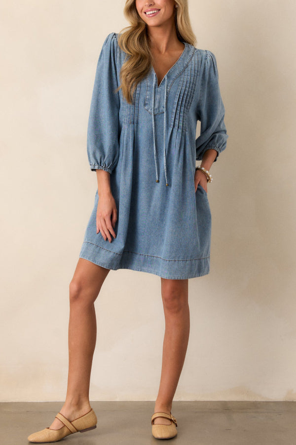 Ivyshape | Would Have It Denim Playful Pleats Pocket A-Line Mini Dress