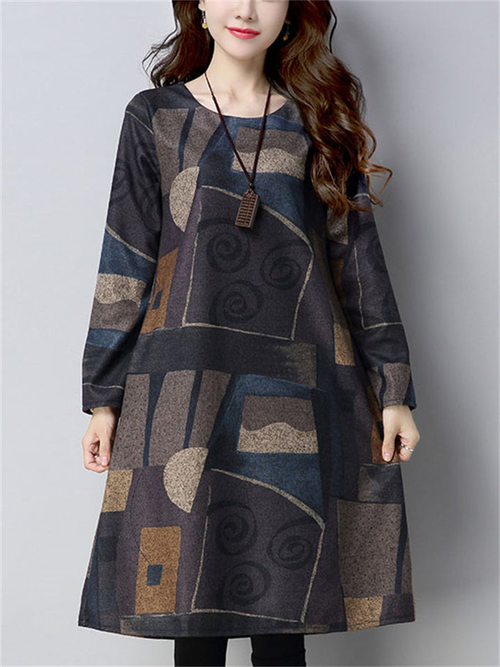 Winter Print Long-Sleeved Knee Length Woolen Dress for Lady