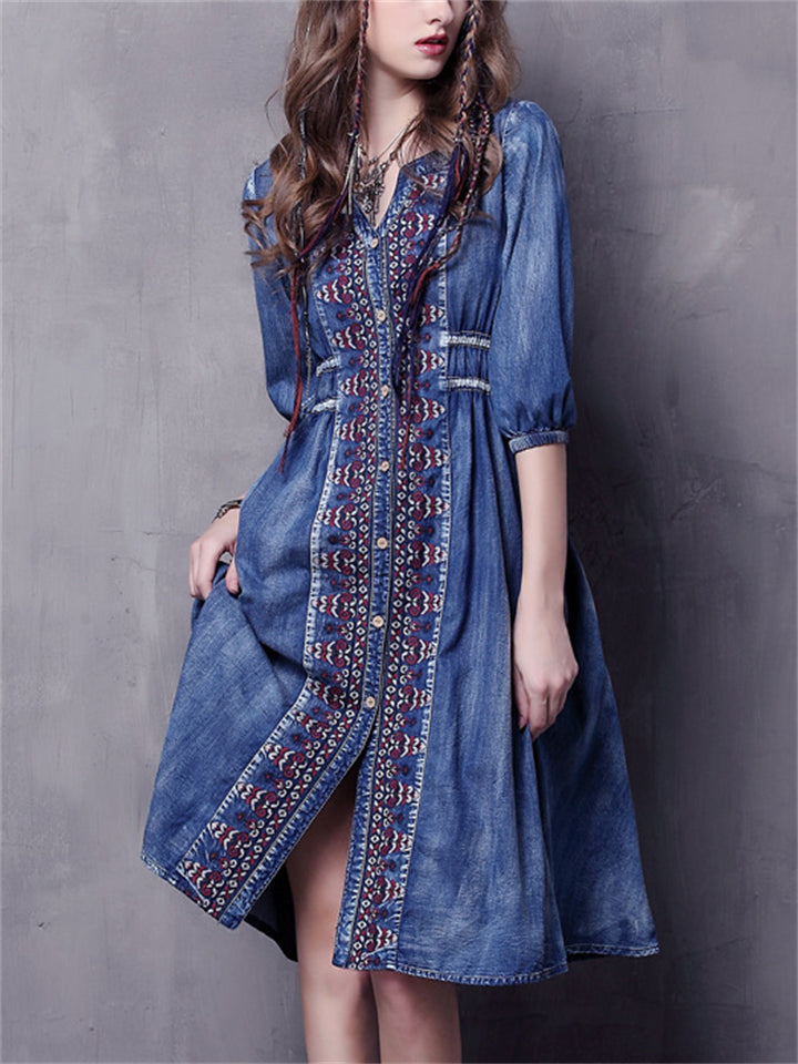 Ethnic Style Embroidery Half Sleeve Adjustable Waist Denim Dress