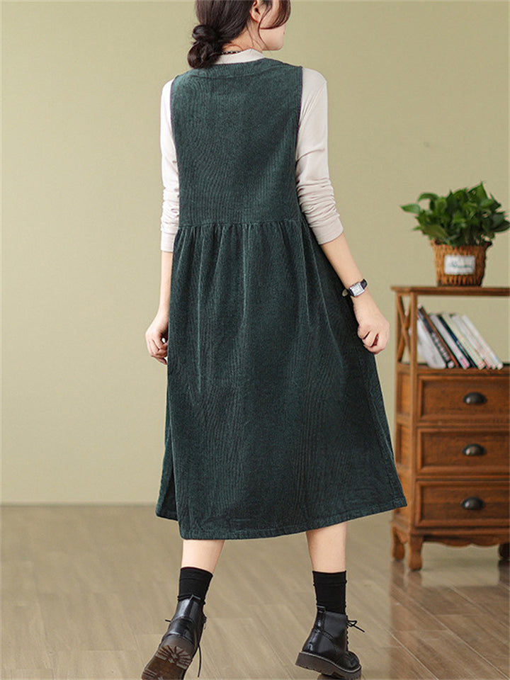 Crew Neck Button Up Sleeveless Mid-Length Dress