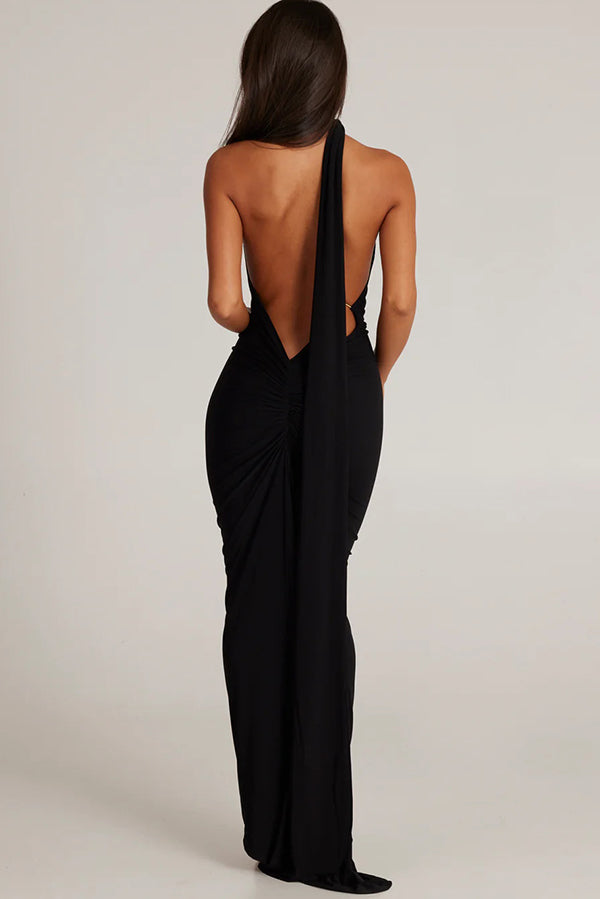 Sexy Backless Pleated Slim Solid Color Sleeveless Elegant Maxi Dress