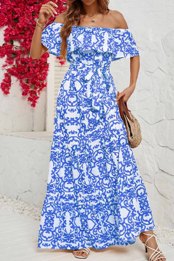 Ivyshape | Shoulder Short-Sleeved Printed Ruffled Maxi Dress