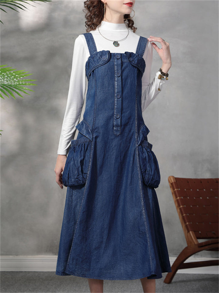 Stylish Blue Denim A-Line Dungaree Dress