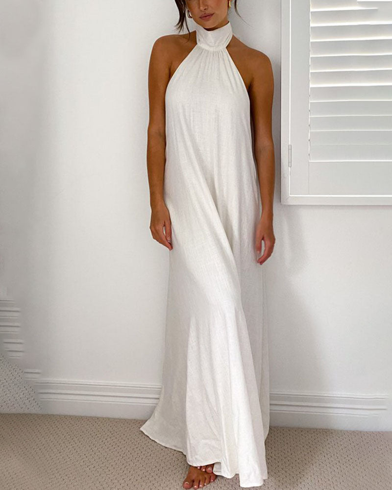 halter neck open back long dress