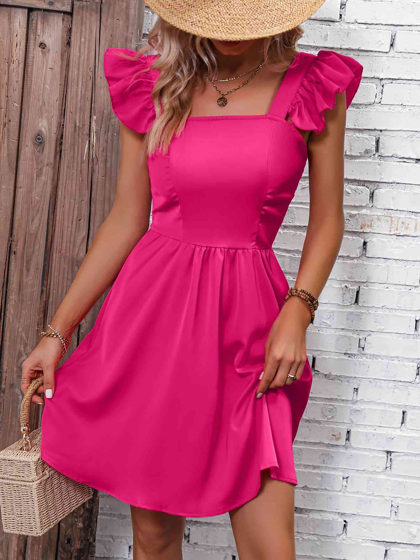 Square Neck Butterfly Sleeve A-Line Dress