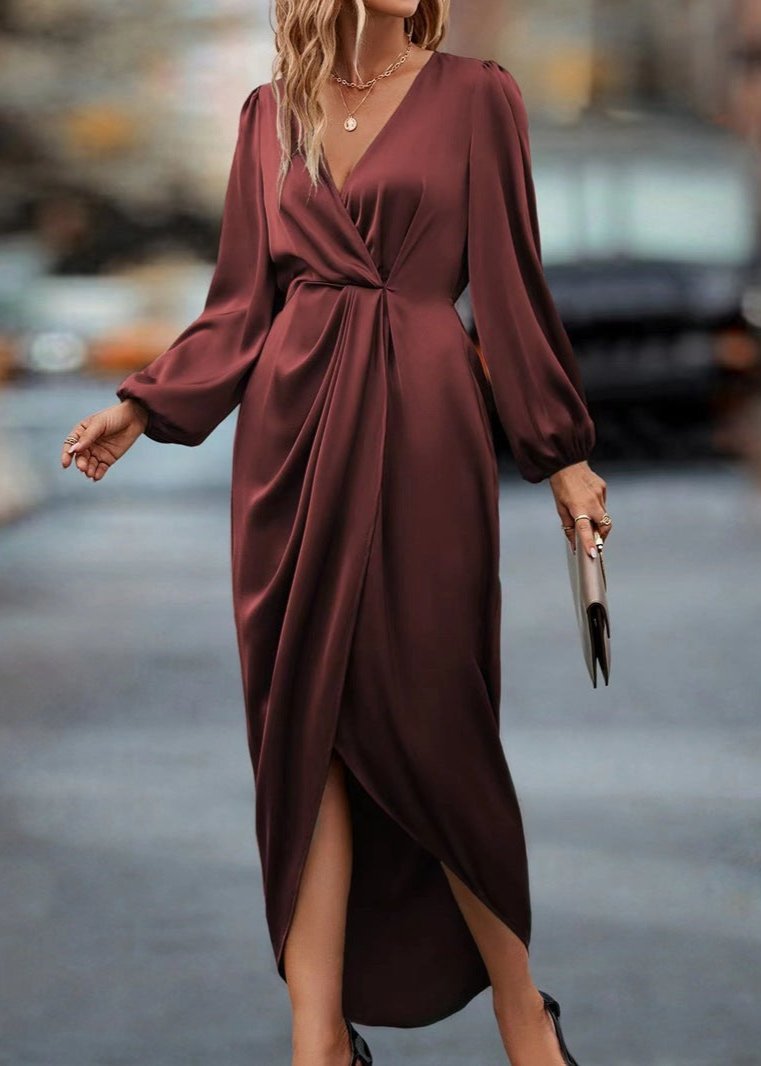 Ivyshape | Wine Red Draped V-Neck Midi Dress