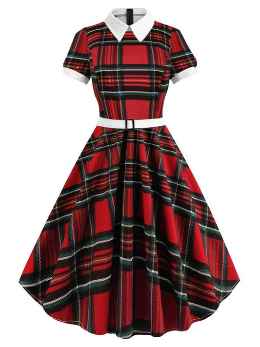 Red Plaid Convertible Collar Dress