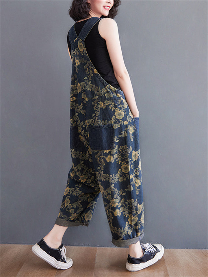 Yellow Flower Print Adjustable Strap Denim Overalls