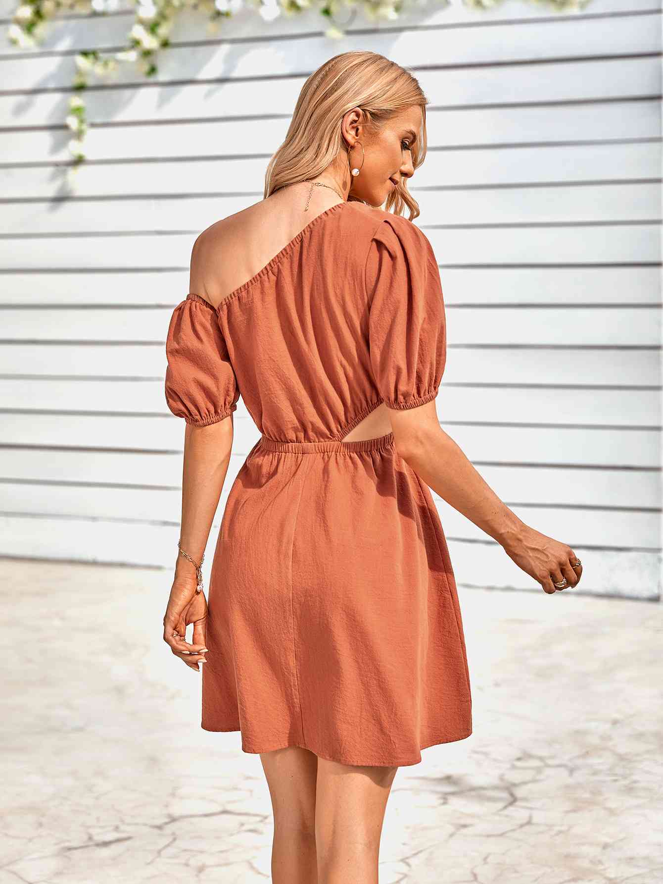 Cutout Asymmetrical Neck Puff Sleeve Dress