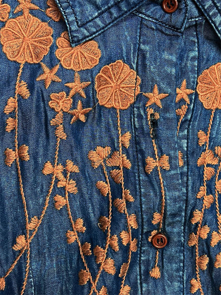 Orange Leaf Embroidery Lapel Button Blue Denim Dress