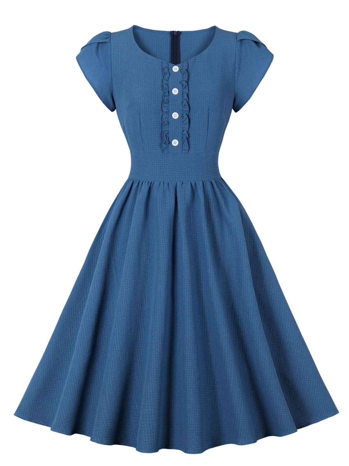 Short Sleeve Ruffles Buttoned Solid Dress