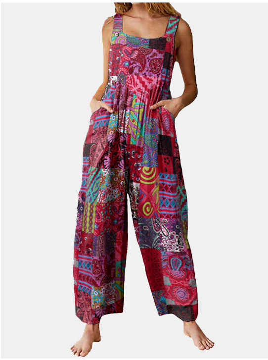 loose print side pocket strap jumpsuit