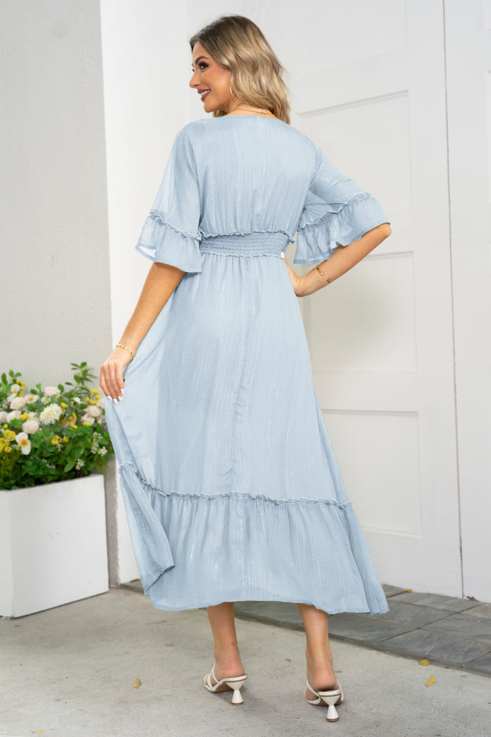 Ivyshape | V-Neck Flounce Sleeve Smocked Waist High Slit Dress