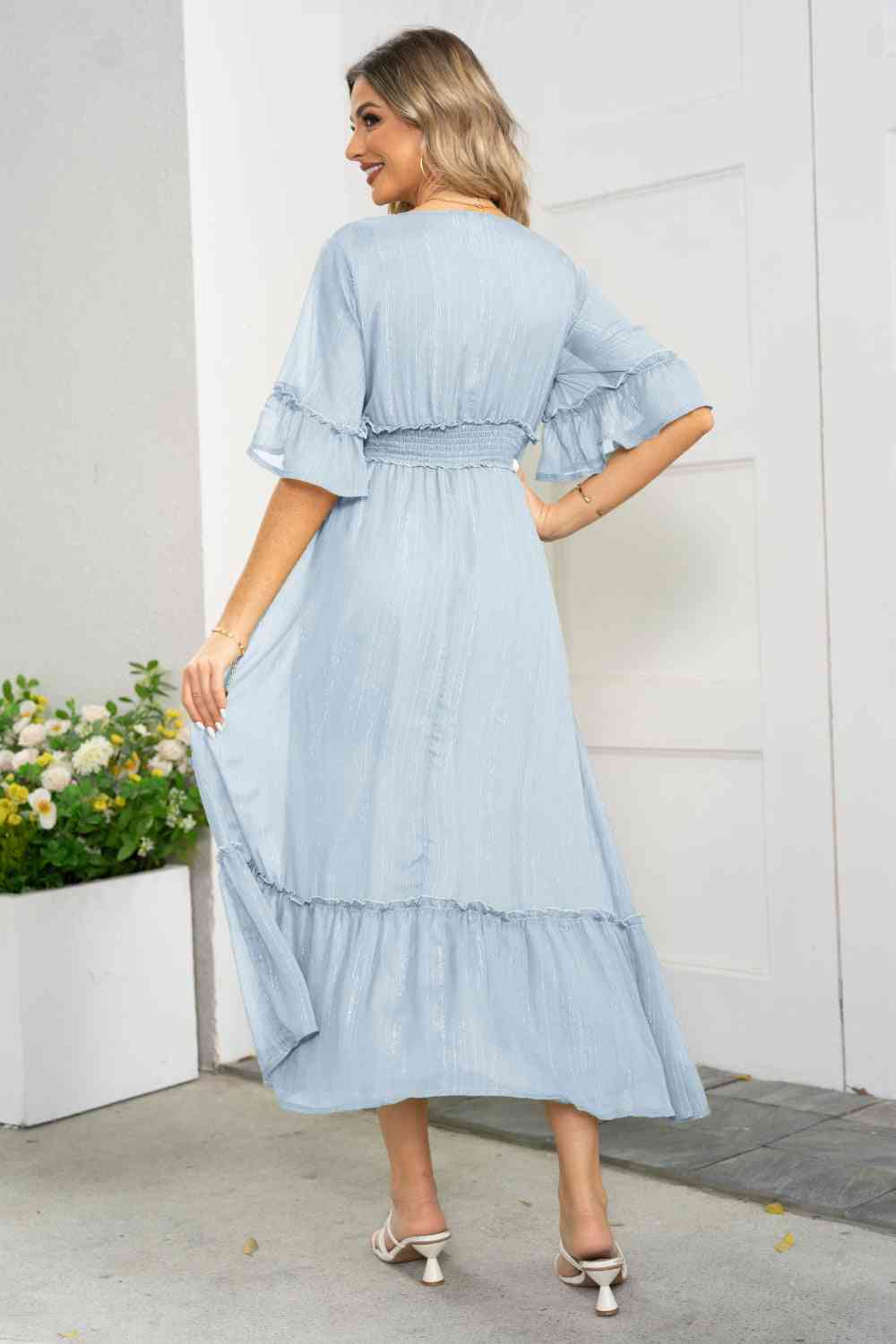 V-Neck Flounce Sleeve Smocked Waist High Slit Dress