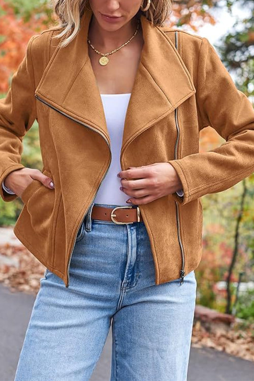 Ivyshape | Up Pocketed Faux Suede Moto Jacket