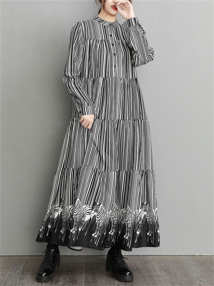 French Style Stripe Zebra Print Long Dress