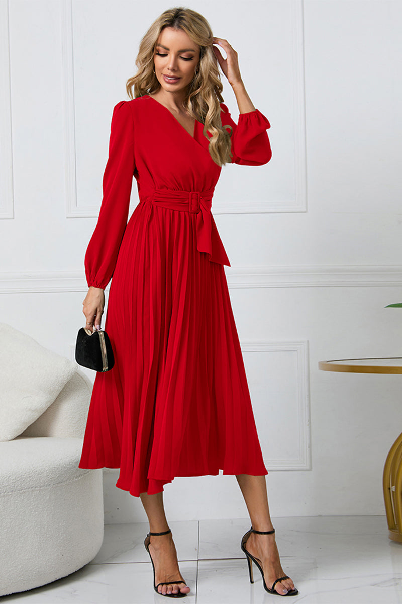 Ivyshape | V-Neck Long Sleeve Tie Waist Midi Dress