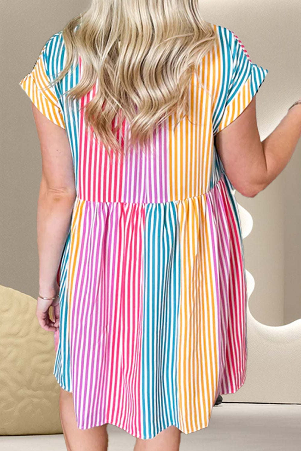 Ivyshape | Striped Collared Neck Cap Sleeve Mini Dress